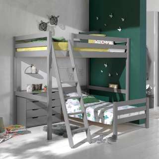 Kinderstockbett aus Kiefer Massivholz Grau Kommode