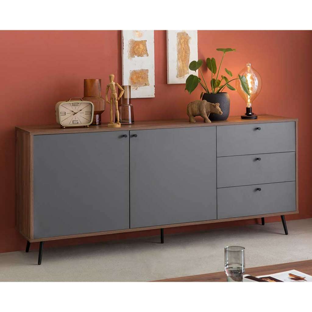 Wohnzimmer Sideboard in Walnussfarben und Grau Vierfußgestell