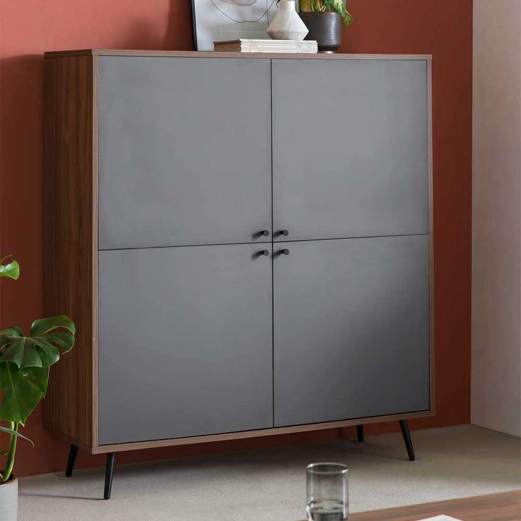 Highboard in Walnussfarben und Grau Vierfußgestell