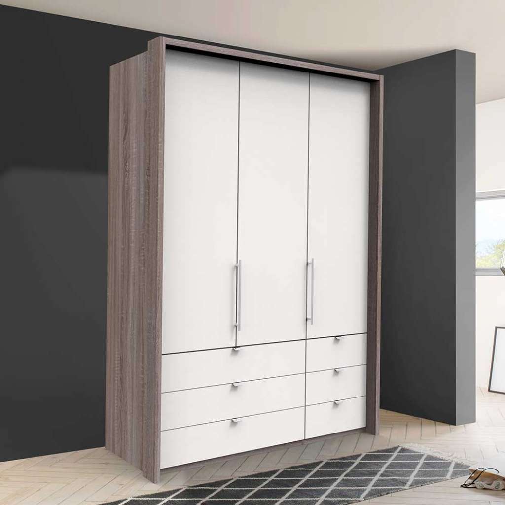 Kompakter Schlafzimmerschrank in Weiß Eiche Trüffelfarben Made in Germany