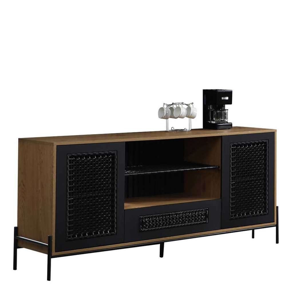 Sideboard in Holz Naturfarben und Schwarz Kunstrattan Front