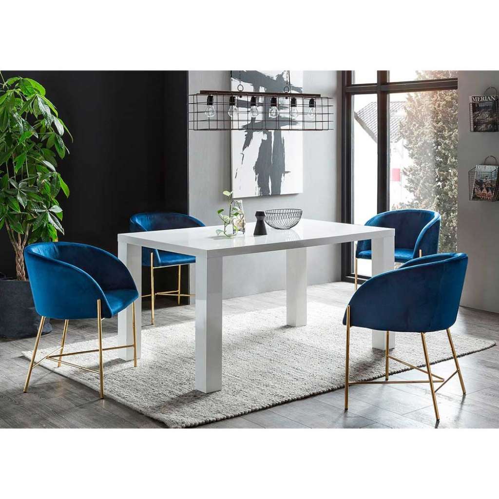 Esszimmerkombination in Weiß Hochglanz Blau und Goldfarben (fünfteilig)