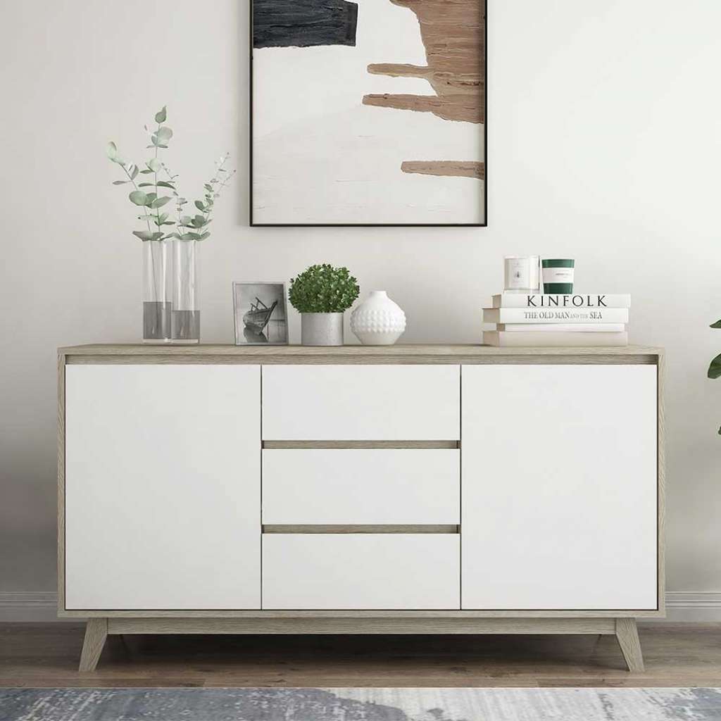 Wohnzimmer Kommode in Weiß und Naturfarben 140 cm breit