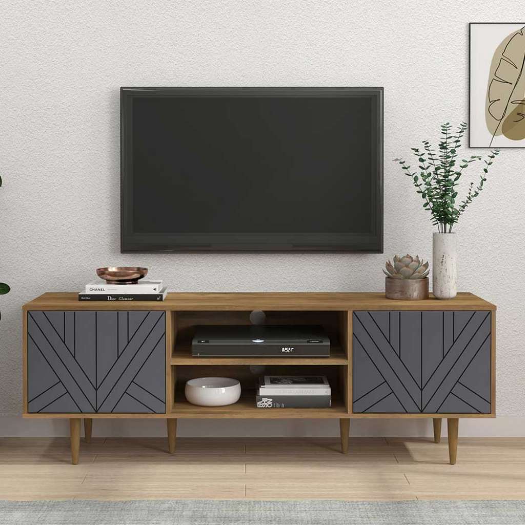 Skandi TV Lowboard in Grau und Naturfarben 2 türig