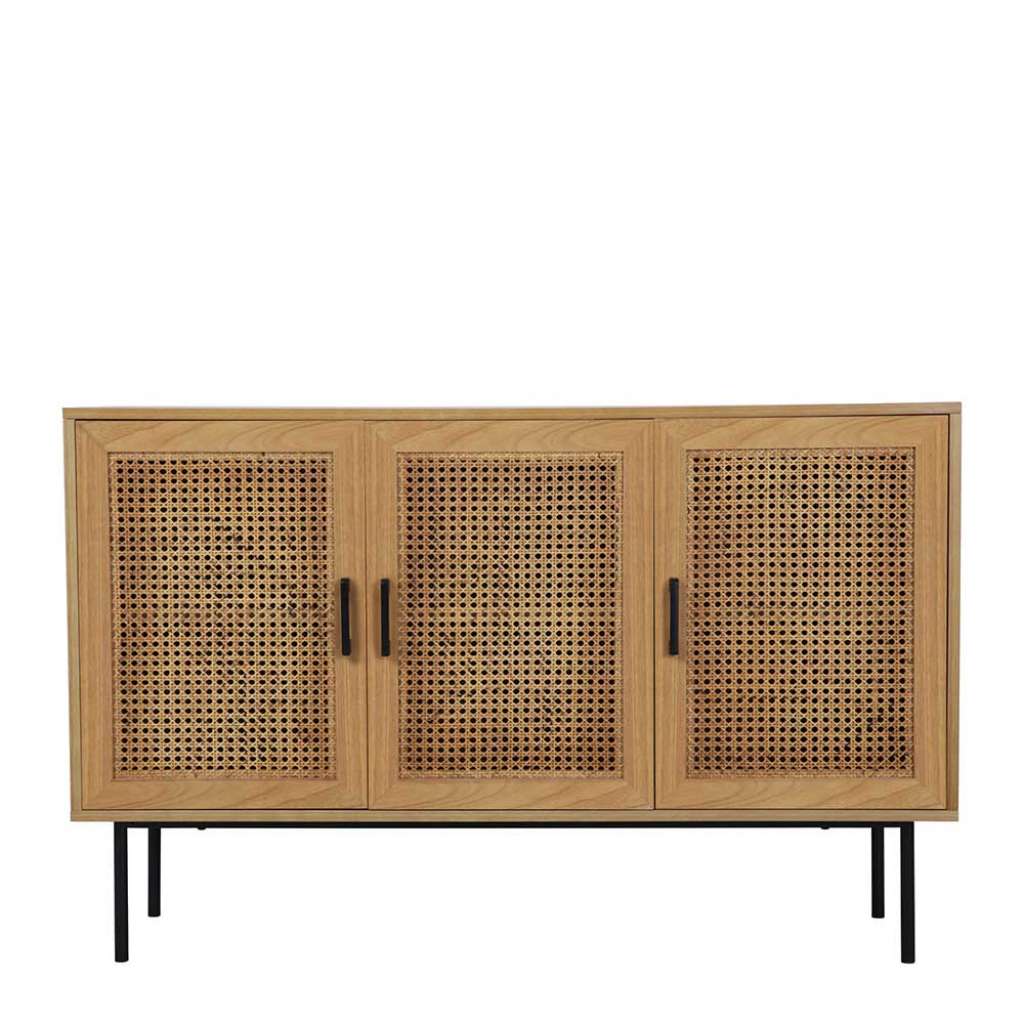 Esszimmer Kommode mit Rattan Geflecht und Metall-Vierfußgestell 3 türig