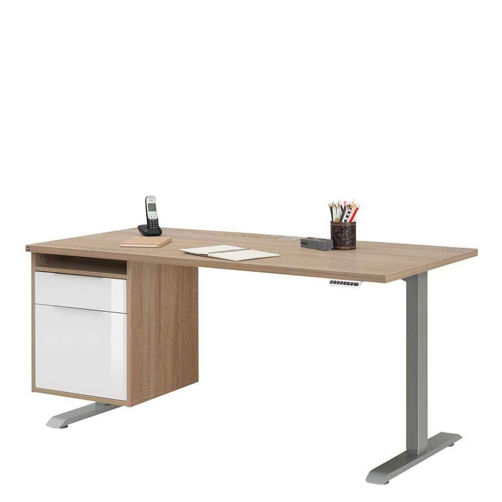 Büroschreibtisch in Sonoma-Eiche und Weiß Hochglanz höhenverstellbar