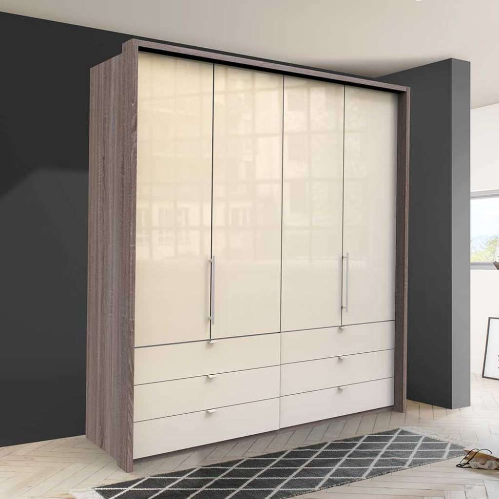Gleittüren Kleiderschrank mit sechs Schubladen glasbeschichtet