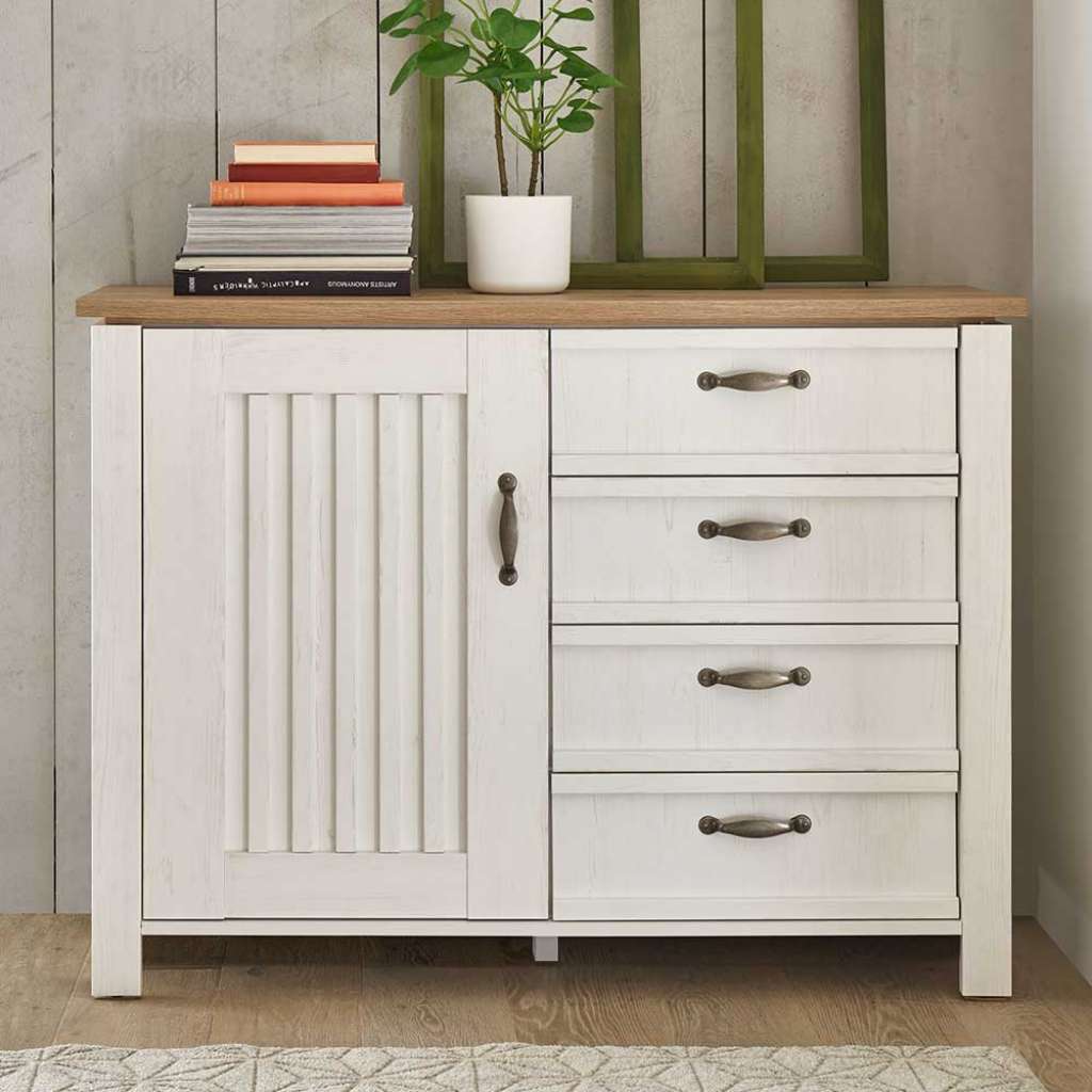 Sideboard in Weiß und Eichefarben vier Schubladen