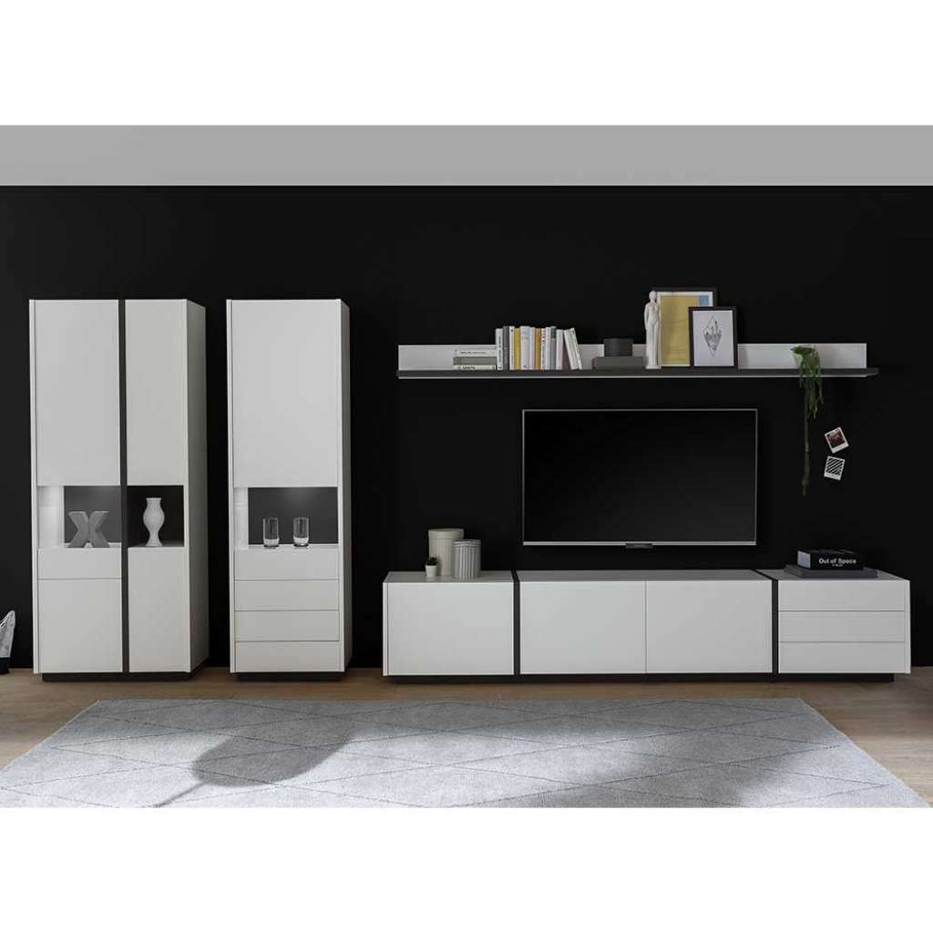 Wohnzimmerwand modern in Weiß und Schwarz melaminbeschichtet (fünfteilig)