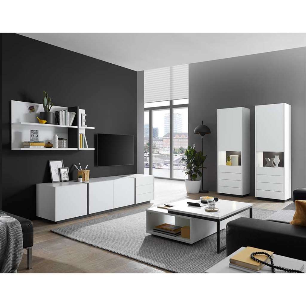 Wohnzimmerschrankwand modern in Weiß und Schwarz melaminbeschichtet (vierteilig)