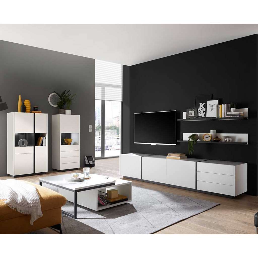 Design Wohnzimmerwand in Weiß und Schwarz melaminbeschichtet (fünfteilig)