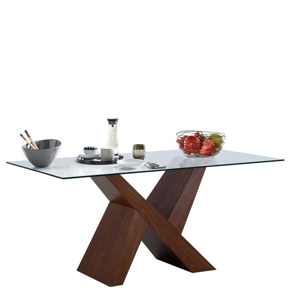 Designtisch in Walnussfarben und Transparent Glasplatte