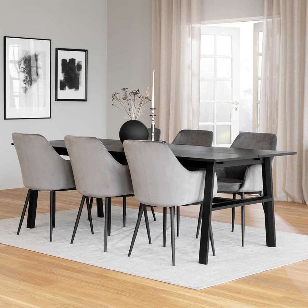 Moderne Essplatzgruppe in Schwarz Grau Samt (siebenteilig)