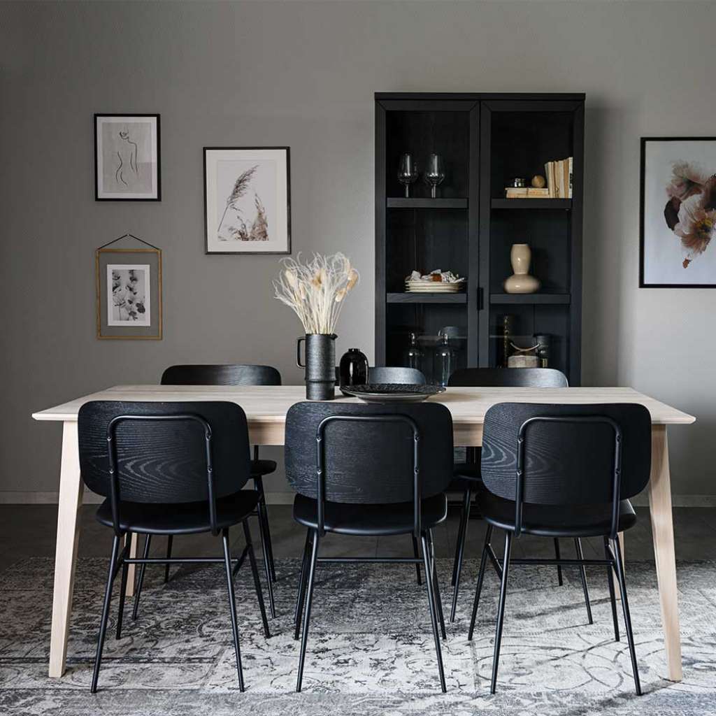 Esszimmer Sitzgruppe in Schwarz und Eiche White Wash Skandi Design (siebenteilig)