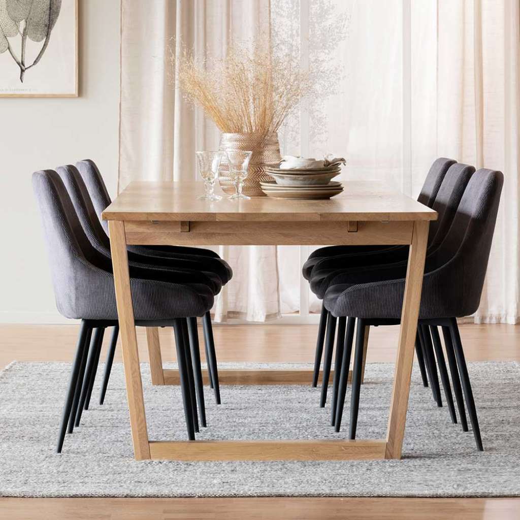 Esszimmerkombination in Eichefarben Grau und Schwarz Skandi Design (siebenteilig)