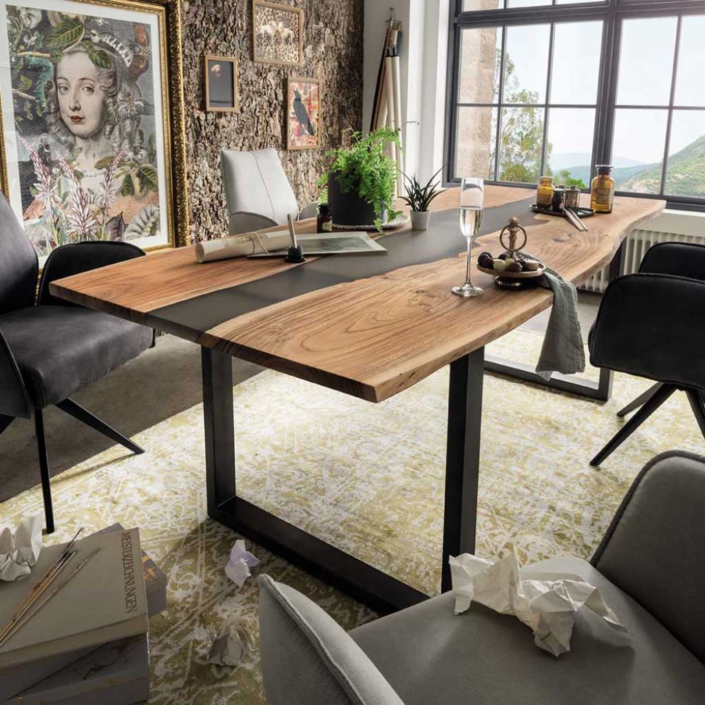 Design Tisch Esszimmer aus Akazie Massivholz und Metall Gießharz Einlage