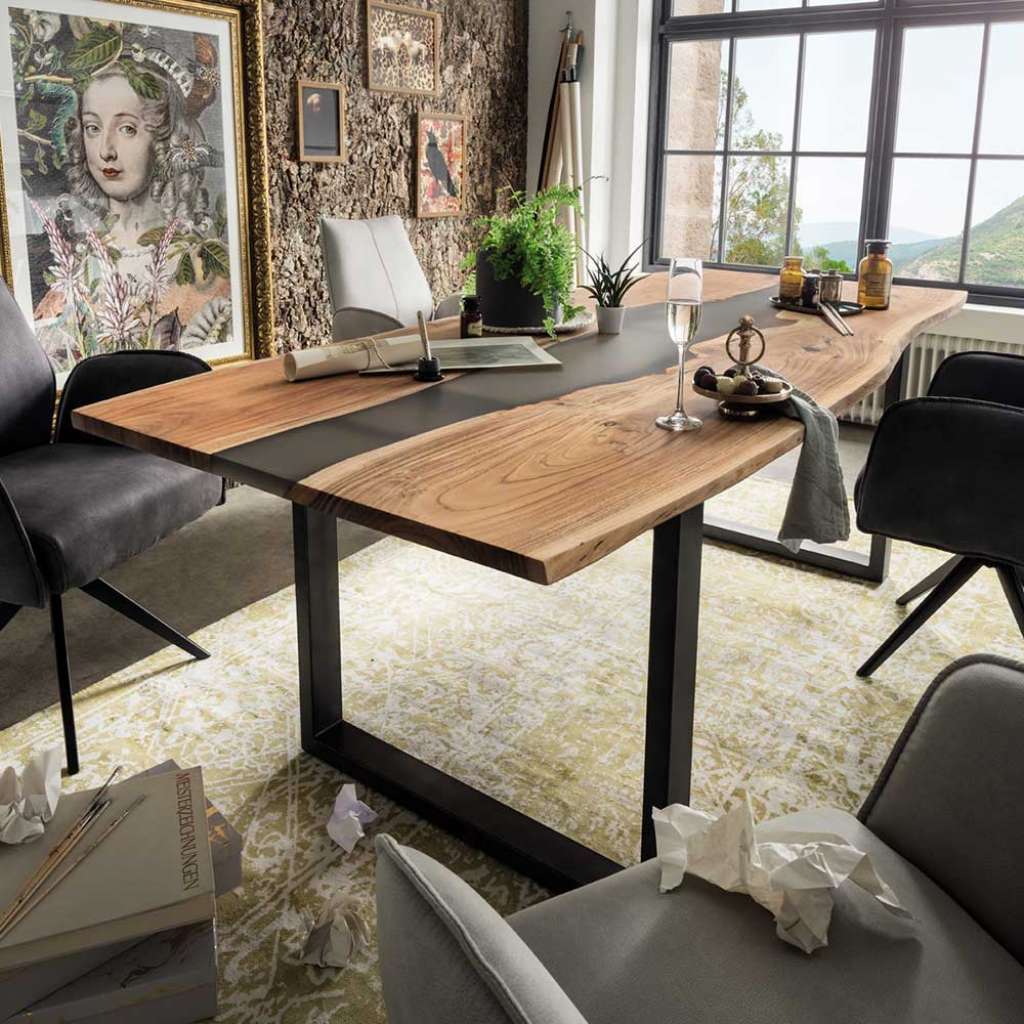 Design Tisch Esszimmer aus Akazie Massivholz und Metall Gießharz Einlage