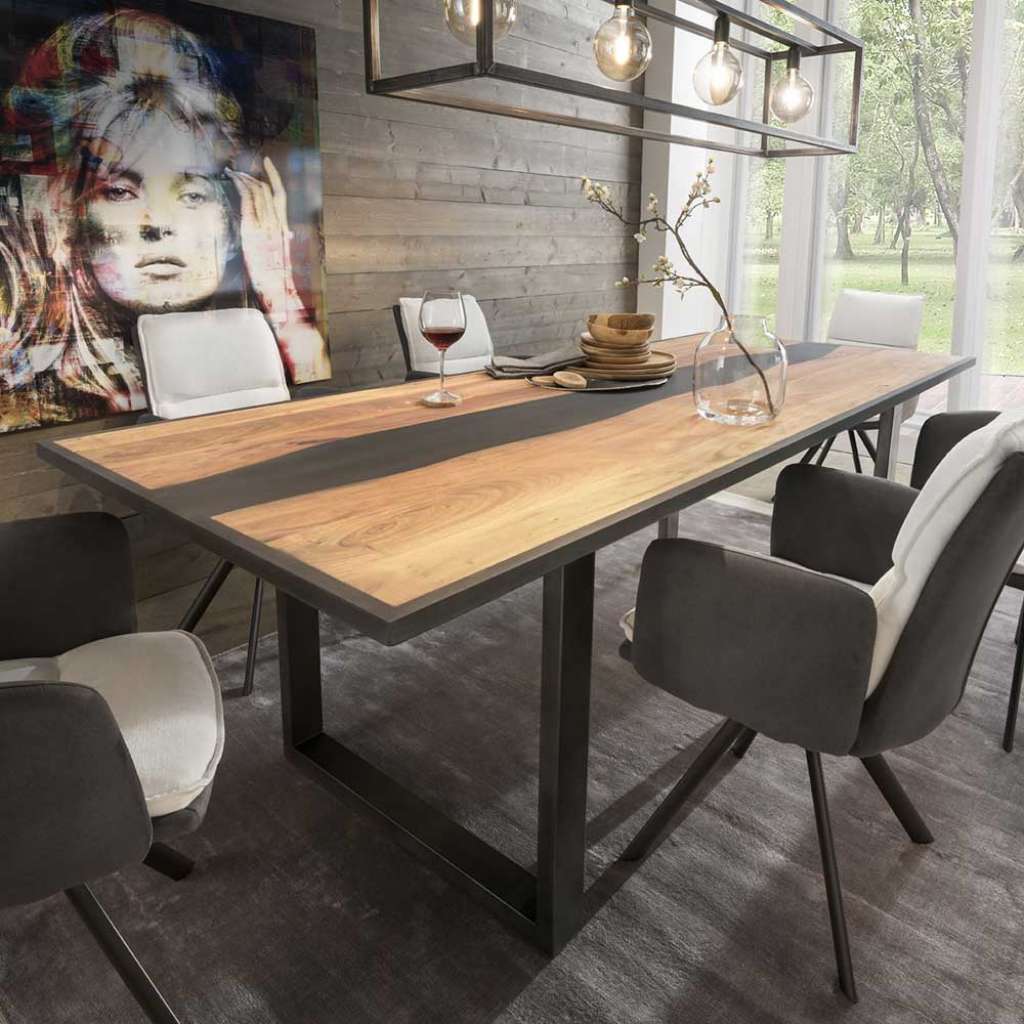 Design Esszimmertisch aus Akazie Massivholz Gießharz Metall