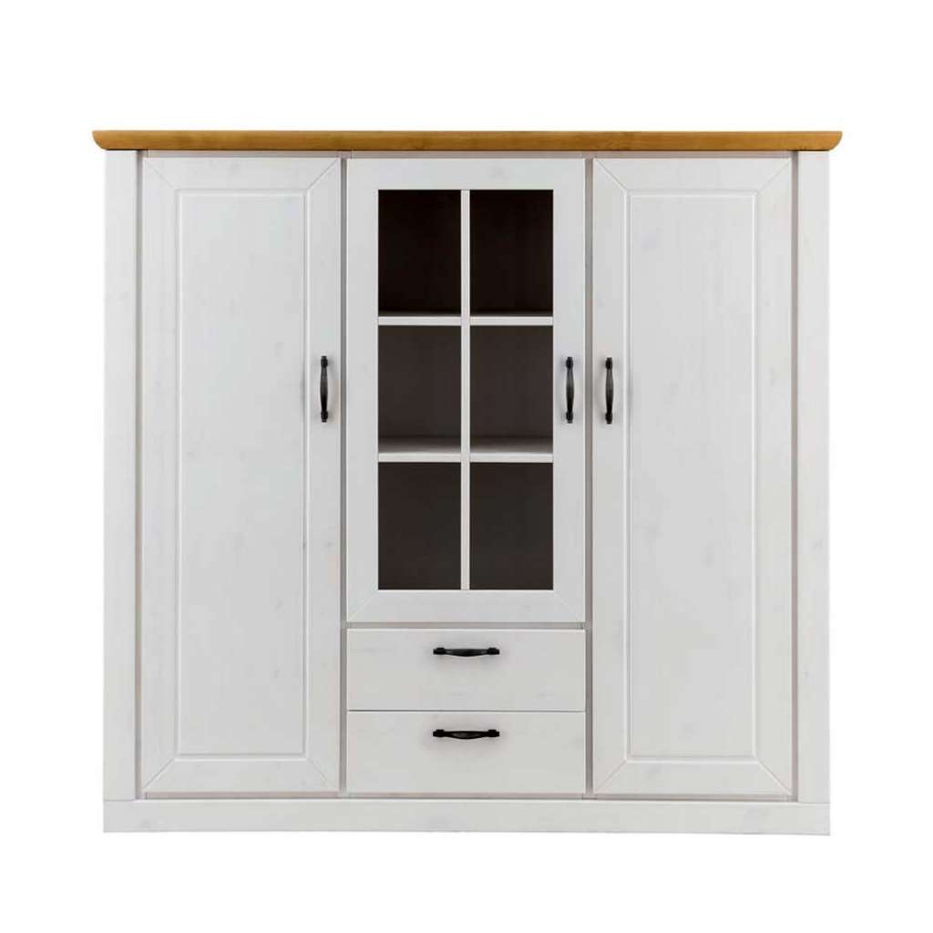 Esszimmer Vitrinenschrank in Weiß und Kieferfarben Soft Close