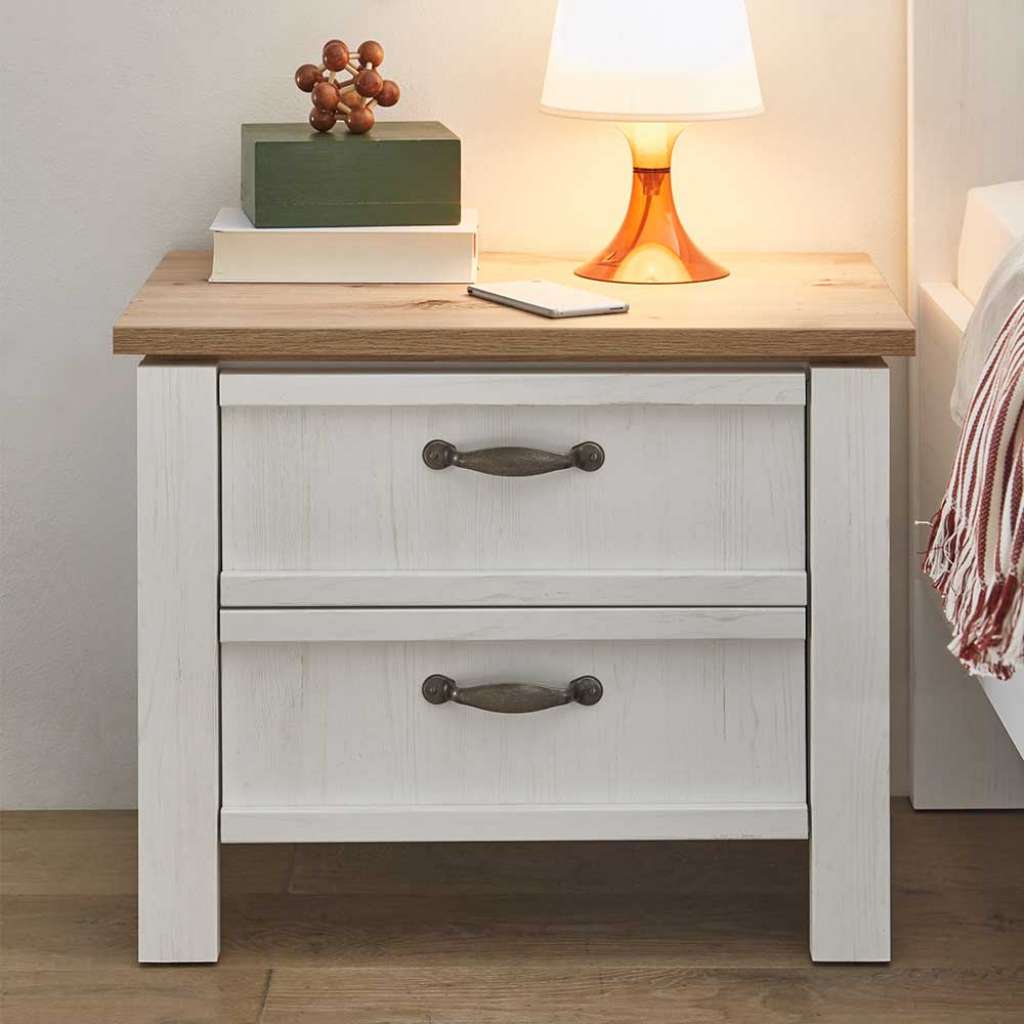 Landhaus Nachtschrank in Weiß und Eichefarben Soft Close
