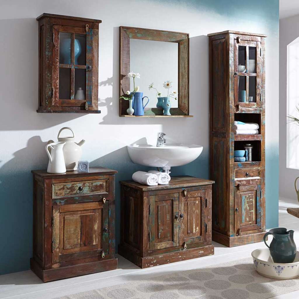 Shabby Badmöbel Set aus Recyclingholz Braun Bunt (fünfteilig)