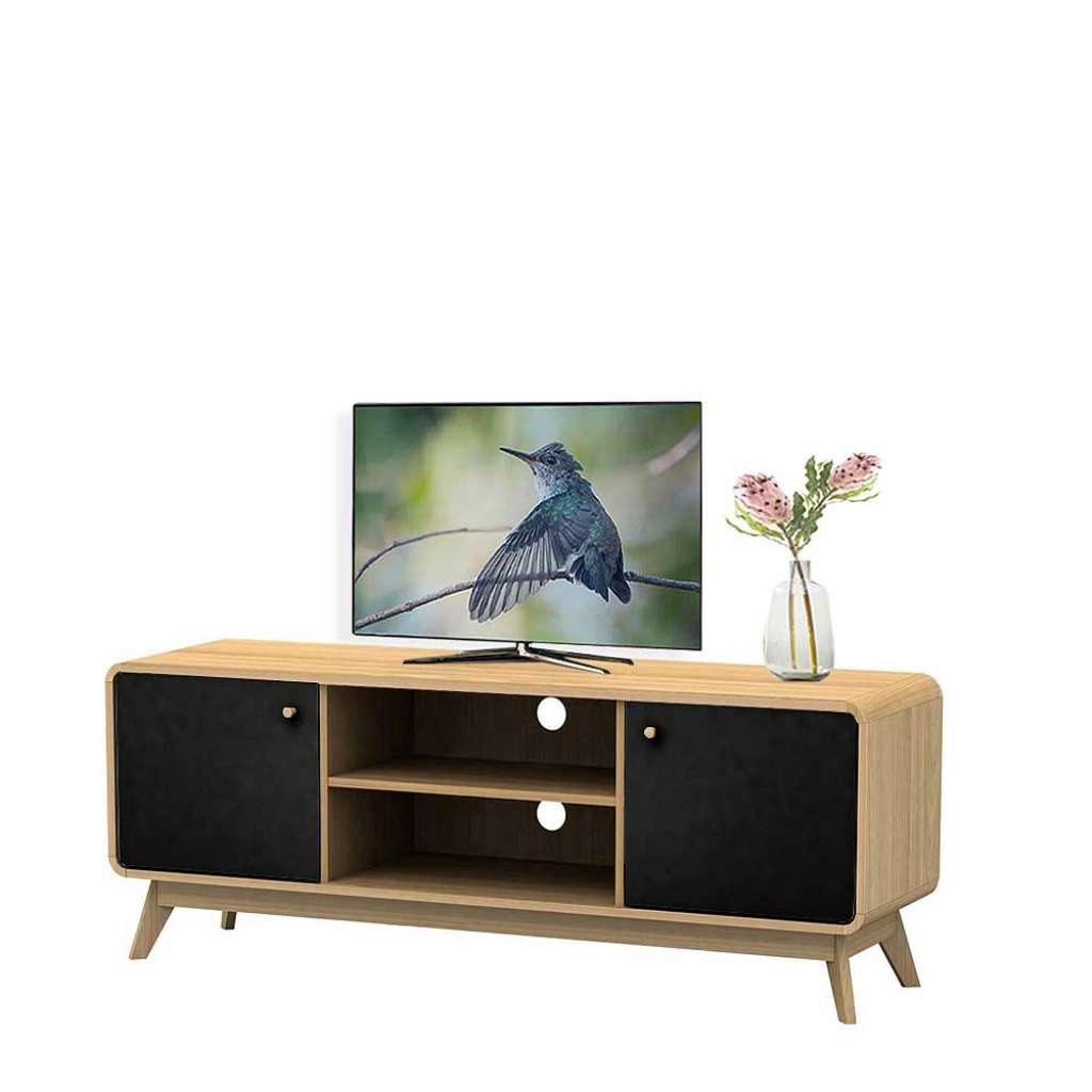TV Sideboard in Schwarz und Eichefarben Kabeldurchlass