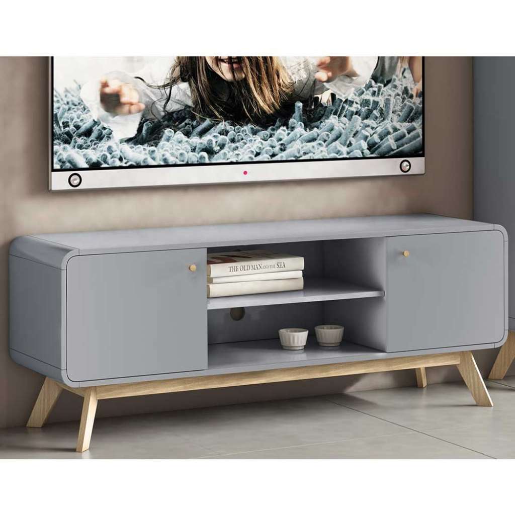 Skandi Fernsehboard in Grau und Eichefarben Offenes Gerätefach