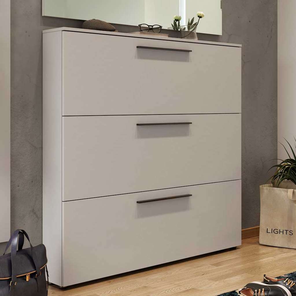 Schuhklappenschrank in Hellgrau Schuhkörben aus Metall