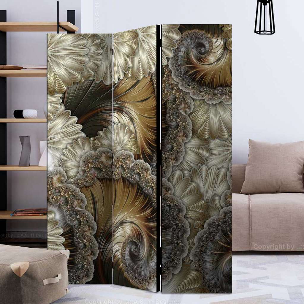 Paravent Umkleide in Goldfarben und Grau Florales Motiv