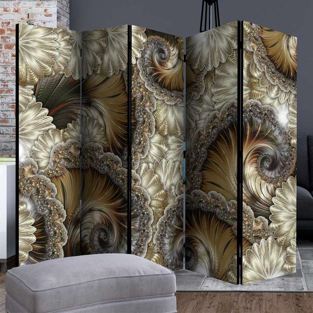 XL Paravent Umkleide Floral Goldfarben und Grau