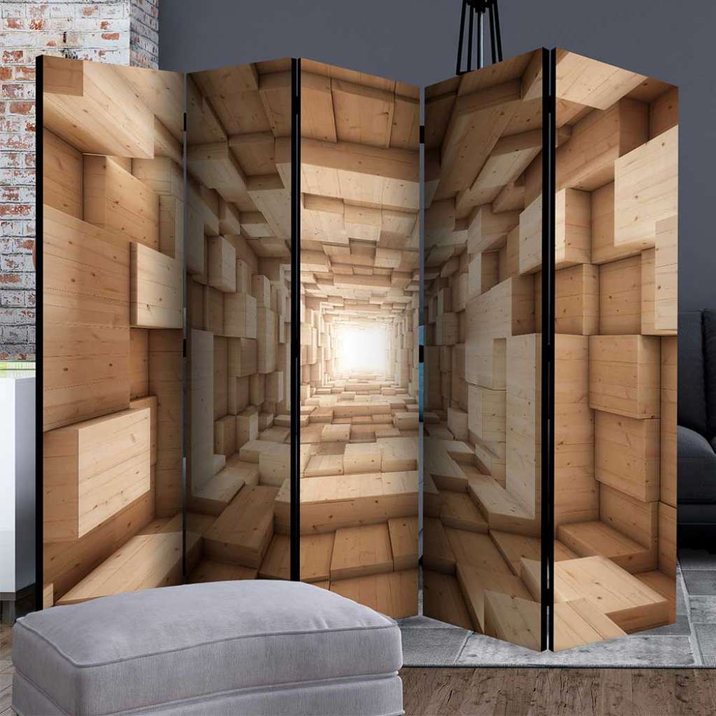 Paravent Holzoptik mit Leinwand Füllung fünf Elementen
