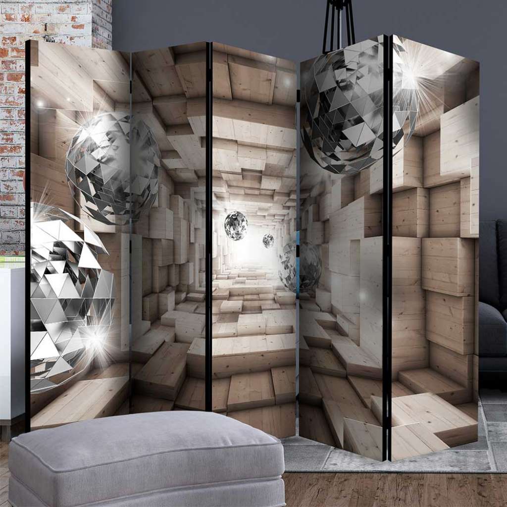 3D Optik Paravent mit abstraktem Holz Muster fünf Elementen