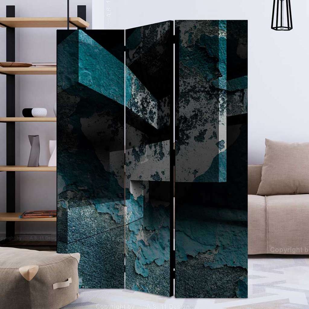 Schmaler Paravent in Blau und Grau Schwarz drei Elementen