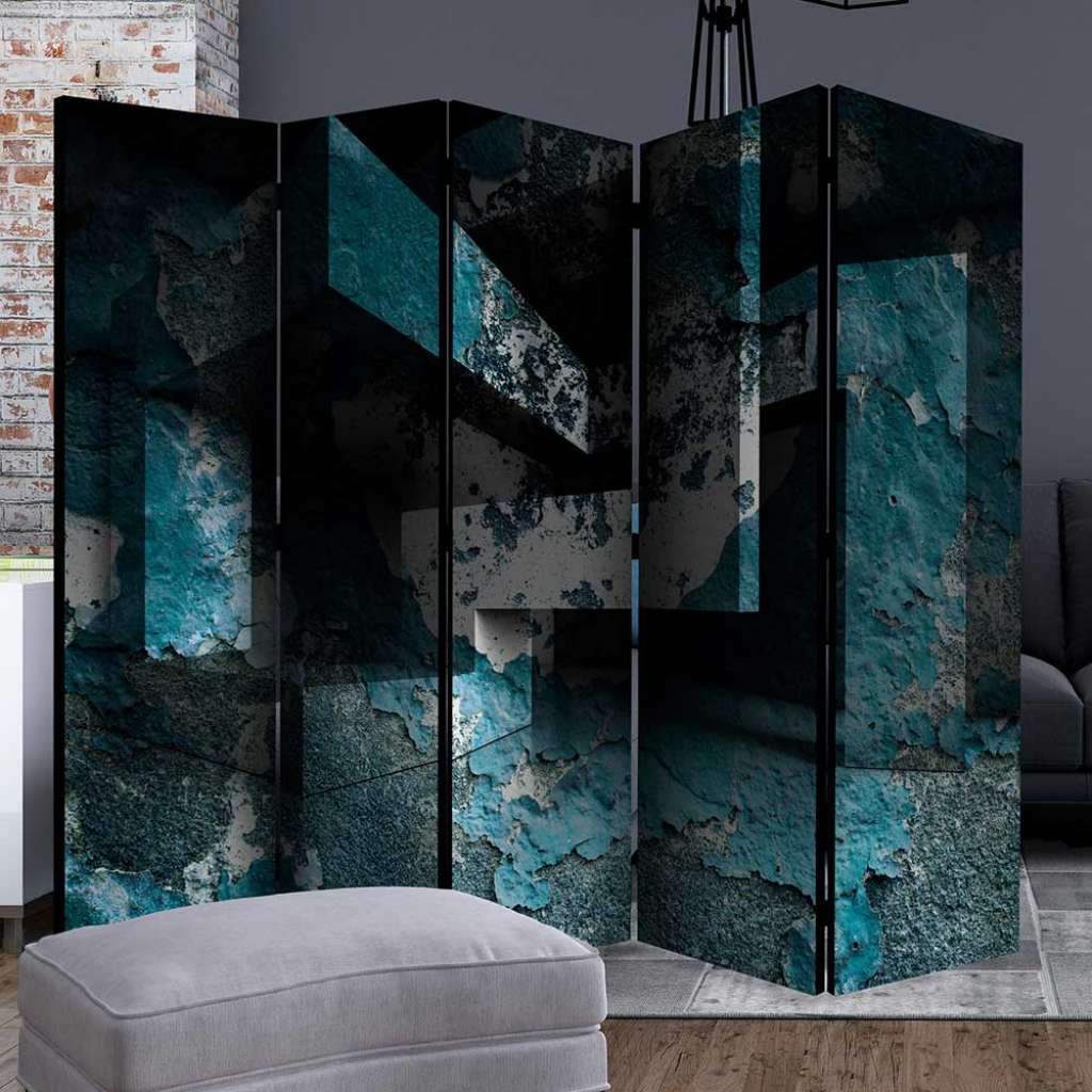 Trennwand Paravent in Blau und Grau Schwarz abstraktem Muster