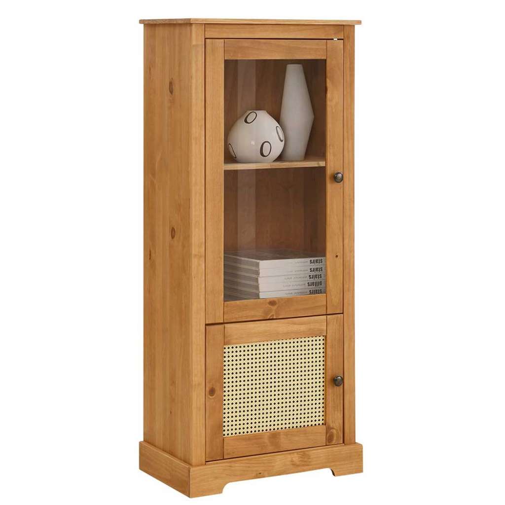 Kleine Wohnzimmervitrine in Kieferfarben und Beige Glastür