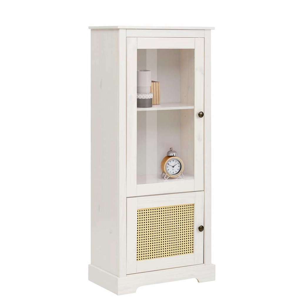 Kleine Vitrine in Weiß und Beige Geflecht Tür