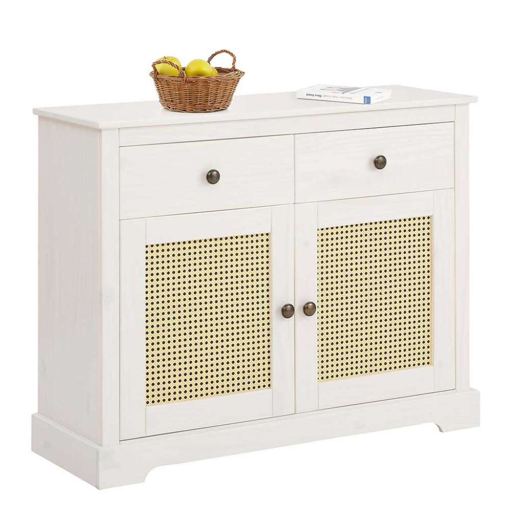 Dielen Kommode in Weiß und Beige Rattan Geflechttüren