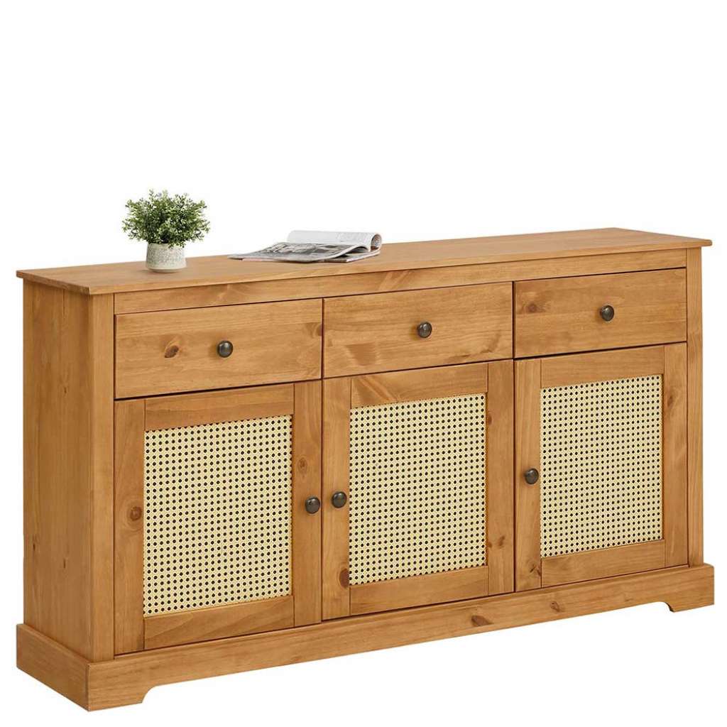 Esszimmersideboard in Kieferfarben und Beige Rattan Geflechttüren
