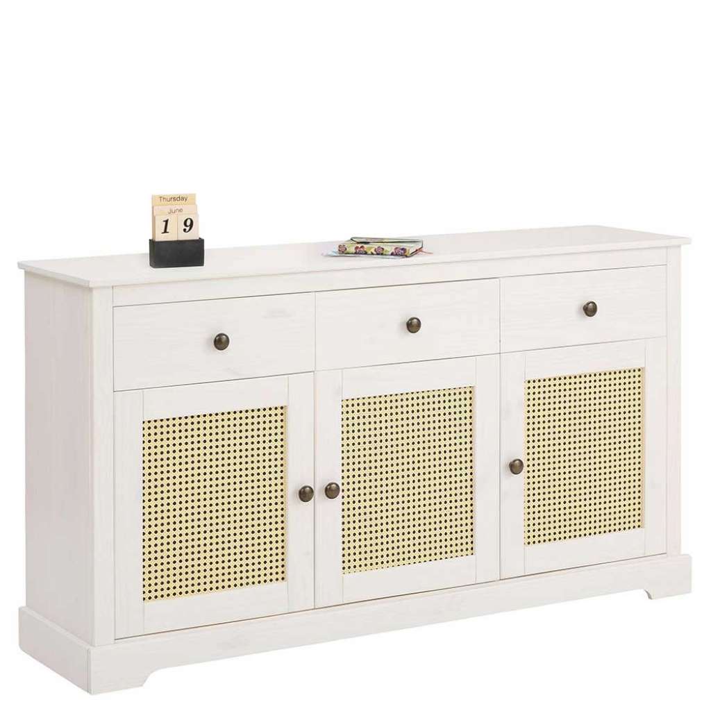 Esszimmersideboard in Weiß und Beige Geflechttüren Rattan