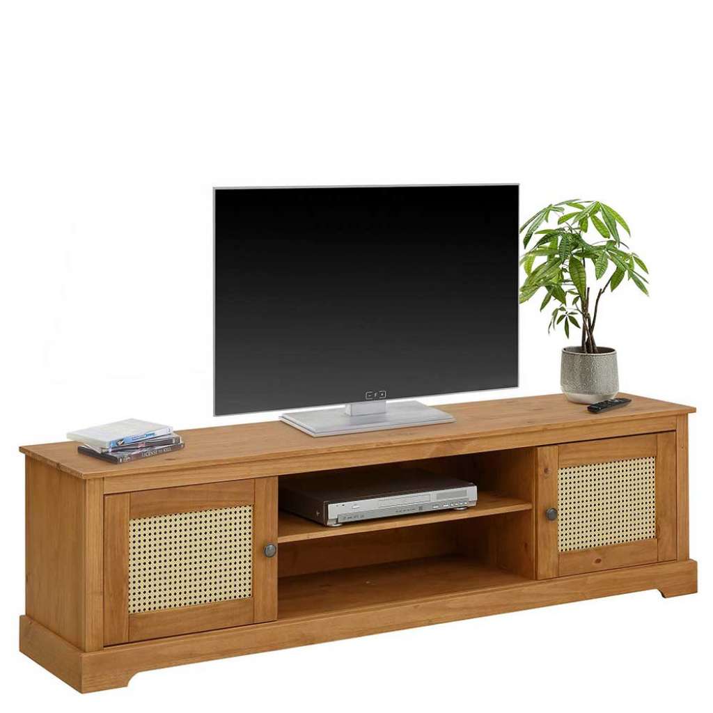 Phonomöbel in Kieferfarben und Beige Geflechttüren Rattan