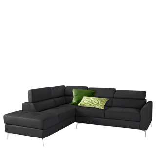 Leder Ecksofa in Schwarz und Chrom verstellbarer Rückenhöhe