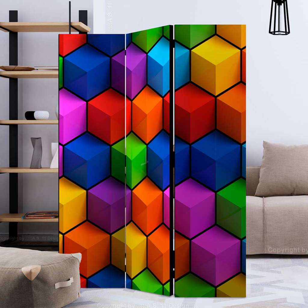 Paravent Bunt mit geometrischem Würfel Muster drei Elementen