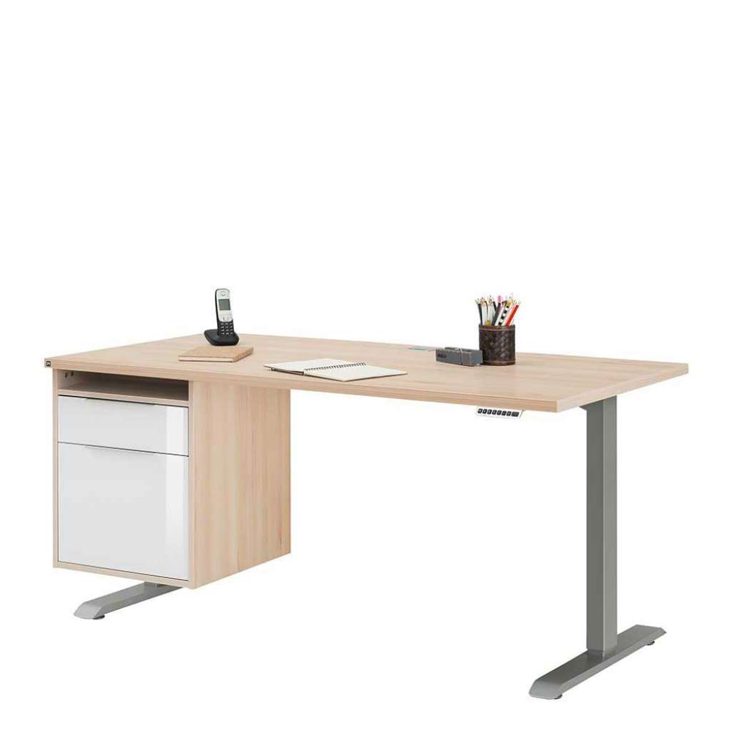 Höhenverstellbarer Schreibtisch mit Kabeldurchlass Buchefarben Weiß und Platingrau