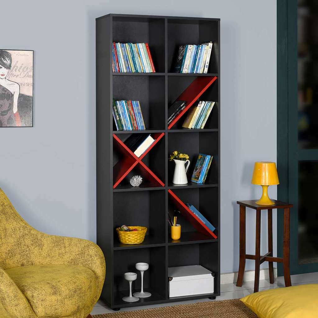 Buchregal modern in Anthrazit und Rot melaminbeschichtet