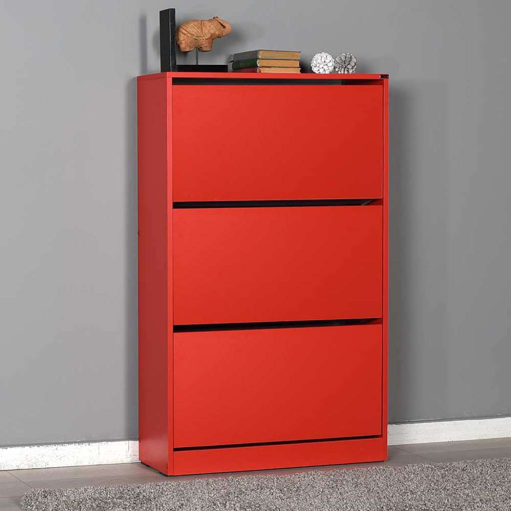 Schuhklappenschrank in Rot melaminbeschichtet drei Schuhwalzen