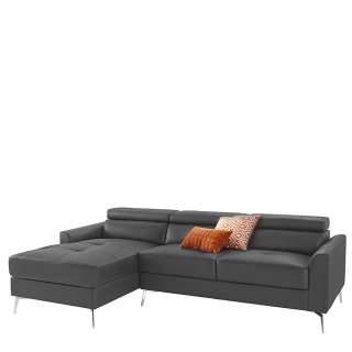 Ledercouch L Form in Dunkelgrau und Chrom verstellbarer Rückenhöhe
