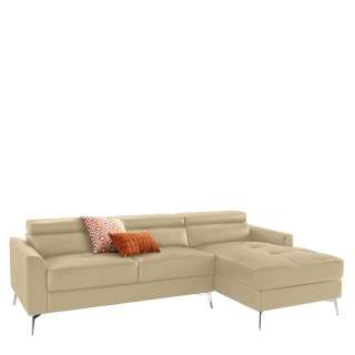 Leder Ecksofa in Cremefarben und Chrom verstellbarer Rückenhöhe