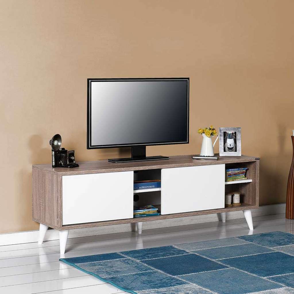 Fernsehunterschrank in Hellbraun Holzoptik und Weiß Schiebetüren
