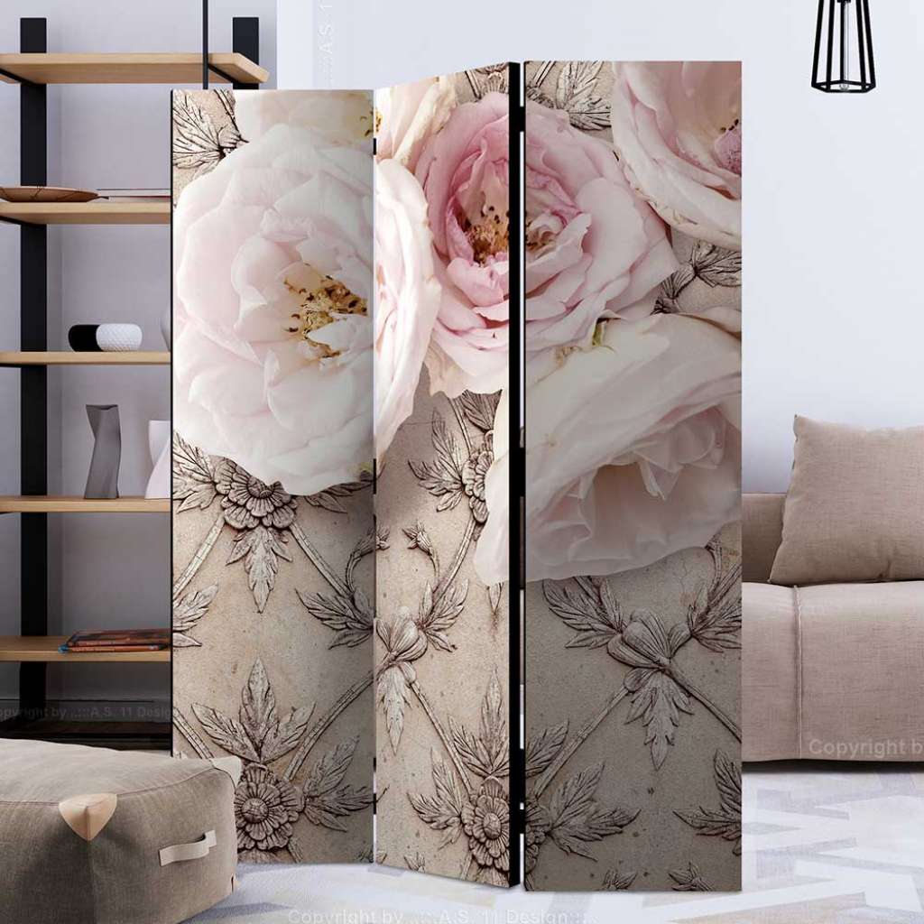 Paravent Umkleide in Beige und Rosa Rosen Motiv