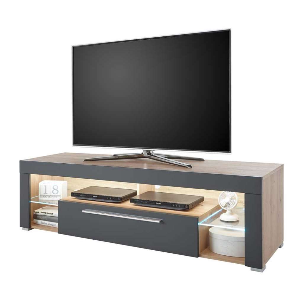 Fernsehmöbel in Grau und Asteiche Optik LED Beleuchtung